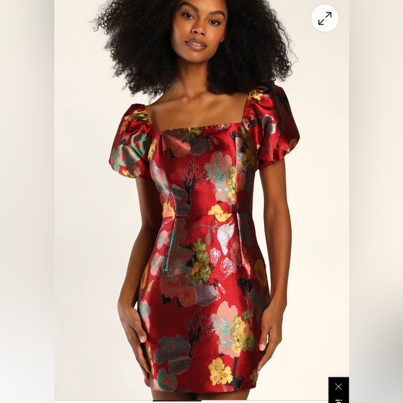 Lulus so stunning mini jacquard floral puff sleeve holiday party wedding dress - Picture 1 of 11